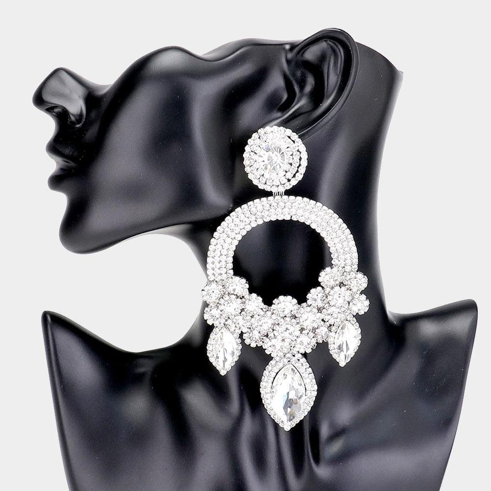 Long Large Open Round Chandelier Rhinestone PIERCE Earrings 5319