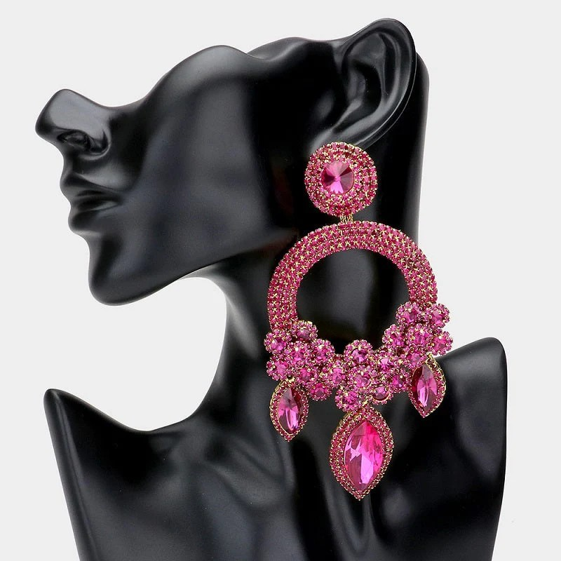 Long Large Open Round Chandelier Rhinestone PIERCE Earrings 5319