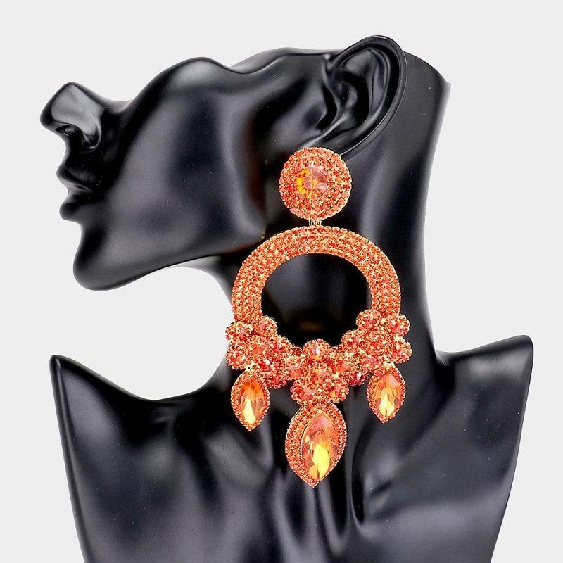 Long Large Open Round Chandelier Rhinestone PIERCE Earrings 5319